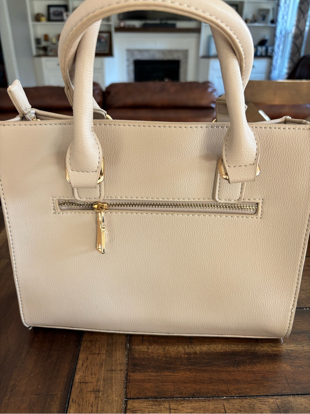 Structured Cream Satchel Handbag with Gold Hardware - Picture 2 of 3